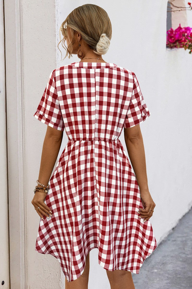 Gingham Handkerchief Hem Midi Dress - Red - 1