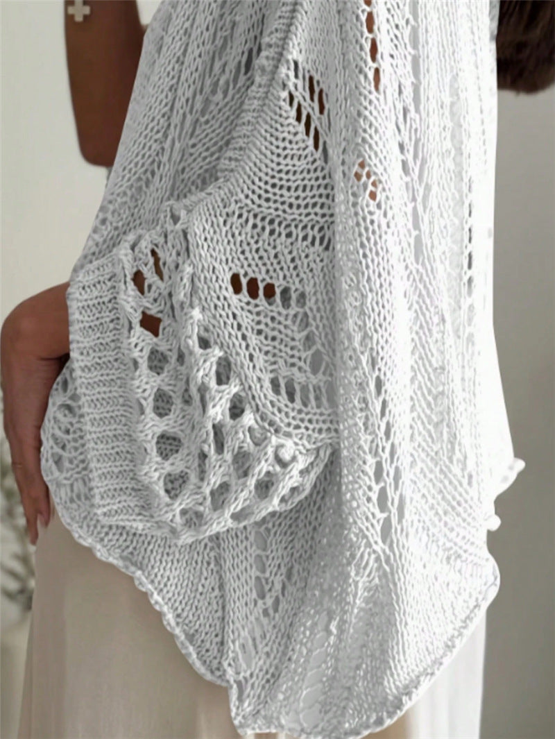 Pointelle Open Knit Dolman Sleeve Top - White - 1