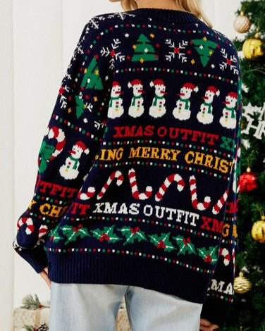 Snowman Candy Cane Fair Isle Christmas Sweater - Dark-Blue - 3