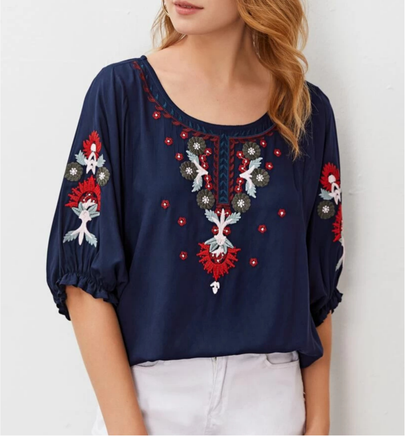 Embroidered Peasant Blouse With Puff Sleeves - DarkBlue