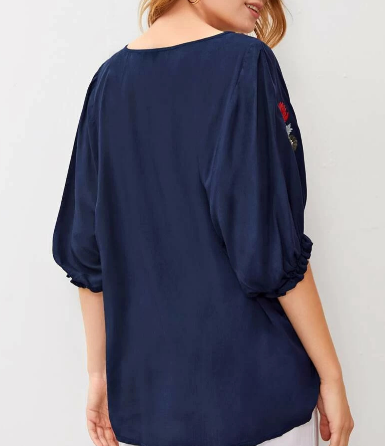 Embroidered Peasant Blouse With Puff Sleeves - DarkBlue - 1
