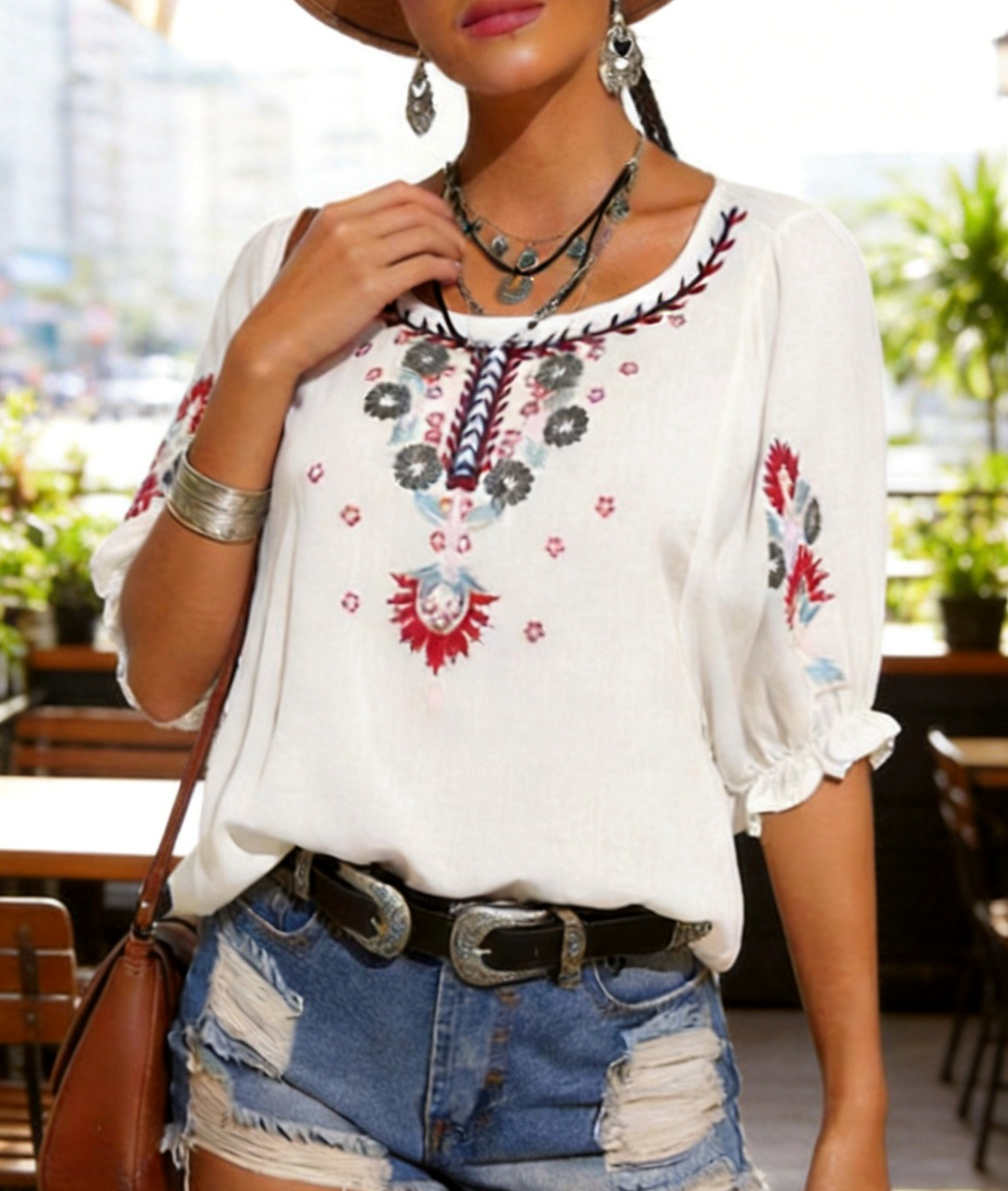 Embroidered Peasant Blouse With Puff Sleeves - White