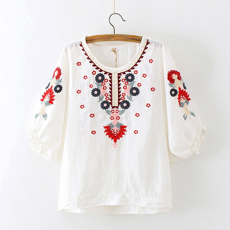 Embroidered Peasant Blouse With Puff Sleeves - White - 1