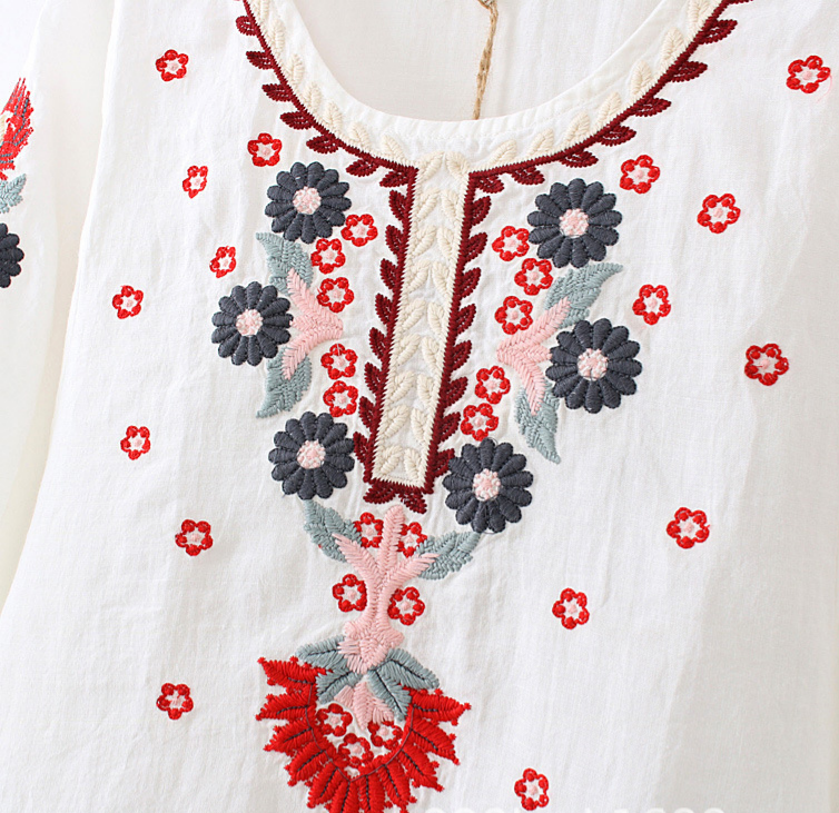 Embroidered Peasant Blouse With Puff Sleeves - White - 3