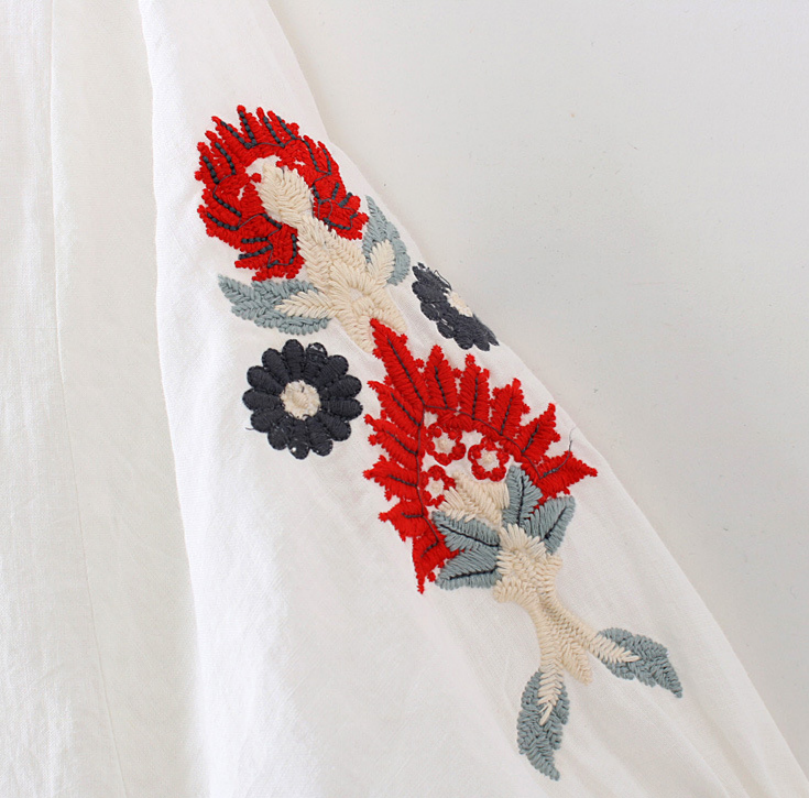 Embroidered Peasant Blouse With Puff Sleeves - White - 5