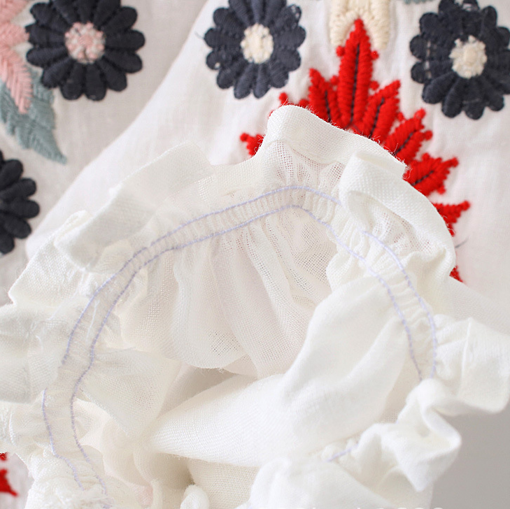 Embroidered Peasant Blouse With Puff Sleeves - White - 6