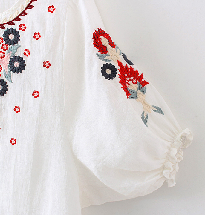 Embroidered Peasant Blouse With Puff Sleeves - White - 7