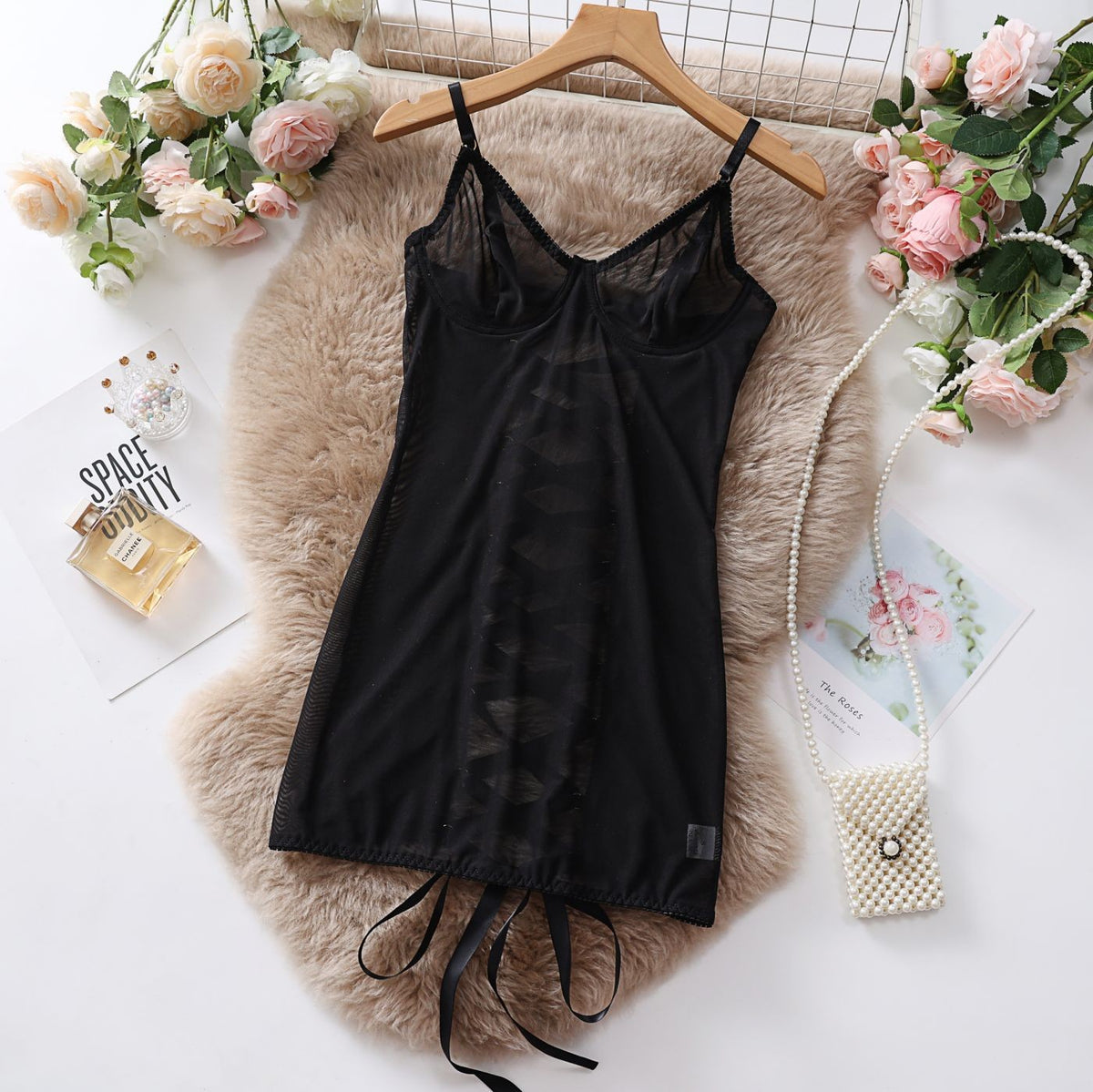 Sheer Mesh Underwire Lace Up Back Slip Dress - Black