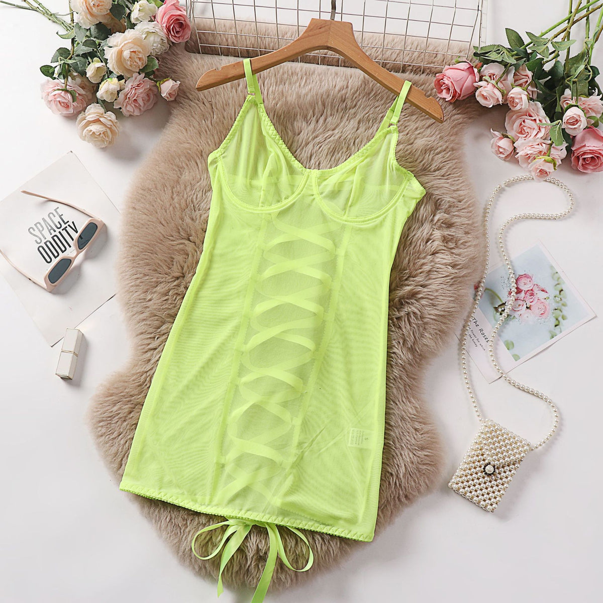 Sheer Mesh Underwire Lace Up Back Slip Dress - Neon Yellow