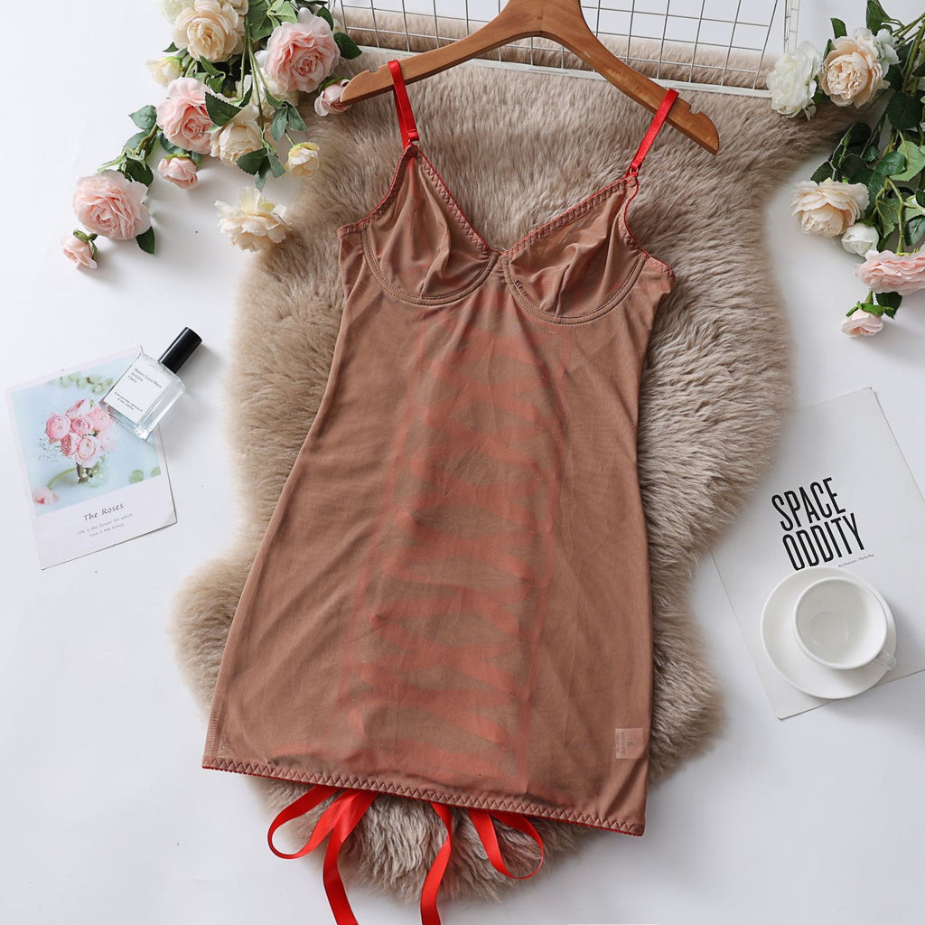 Sheer Mesh Underwire Lace Up Back Slip Dress - Nude