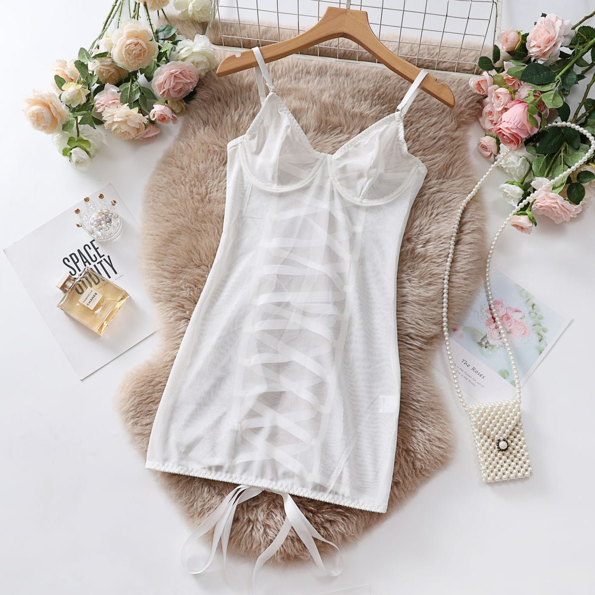 Sheer Mesh Underwire Lace Up Back Slip Dress