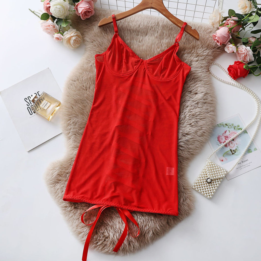 Sheer Mesh Underwire Lace Up Back Slip Dress