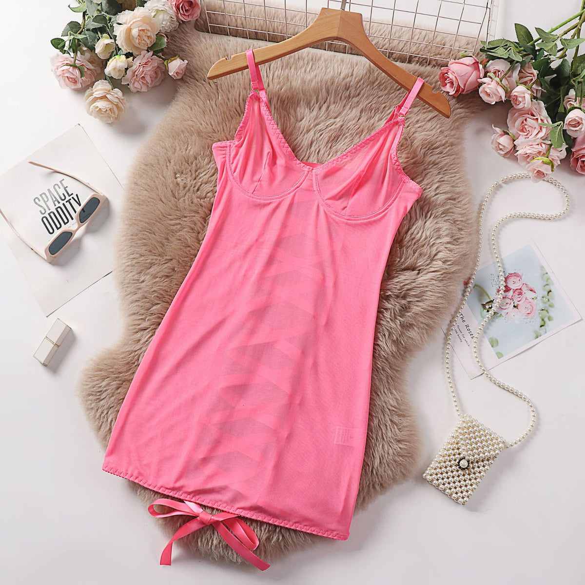Sheer Mesh Underwire Lace Up Back Slip Dress