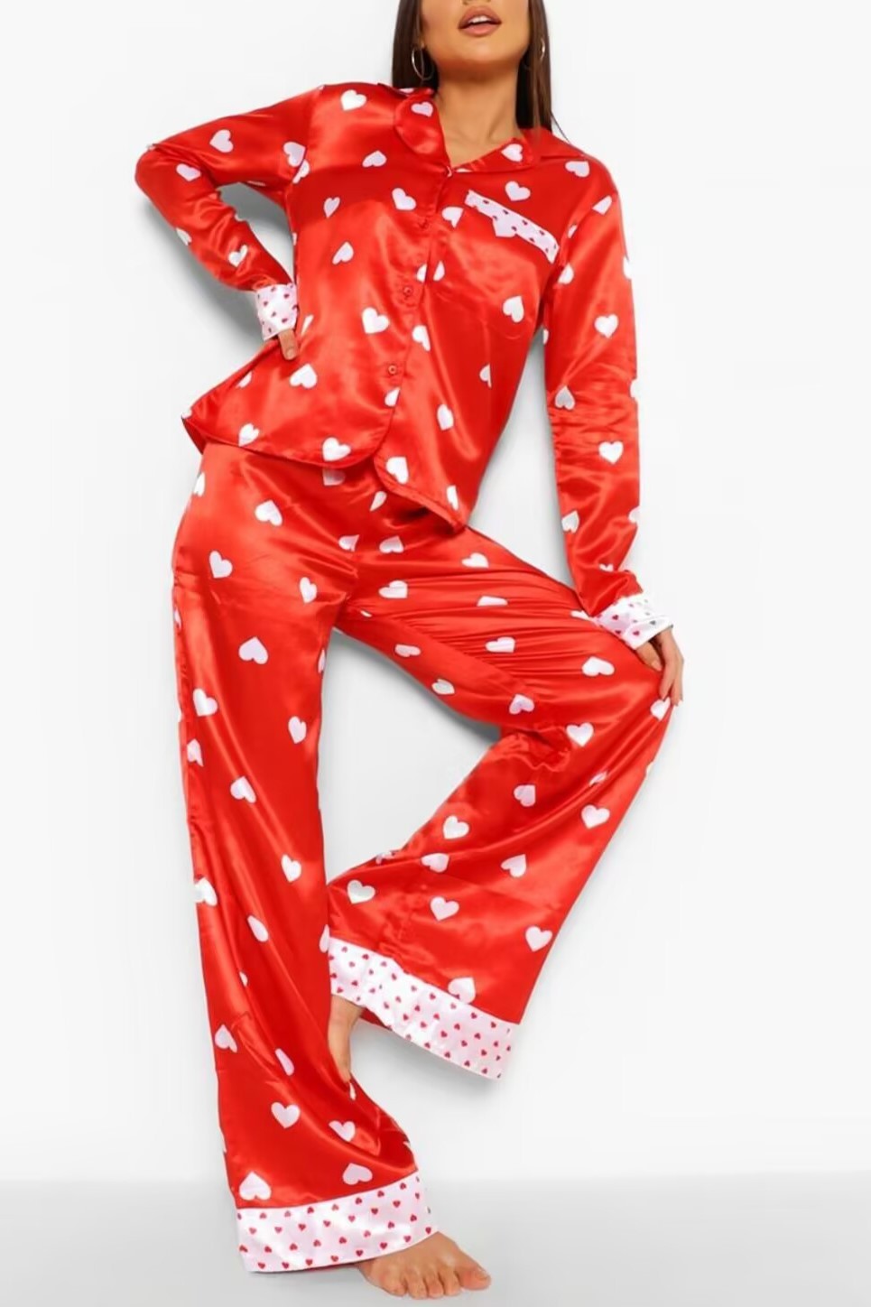 Scattered Heart Satin Pajama Trouser Set - red - 1
