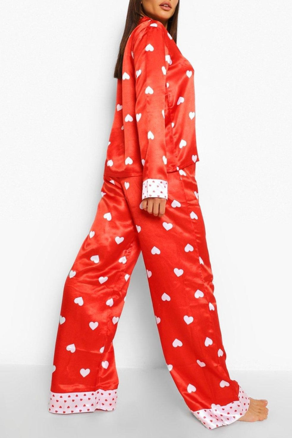 Scattered Heart Satin Pajama Trouser Set - red - 2