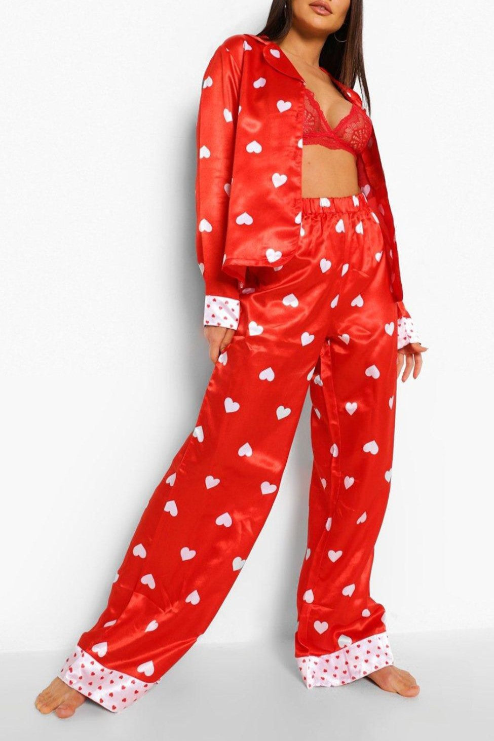 Scattered Heart Satin Pajama Trouser Set - red - 3