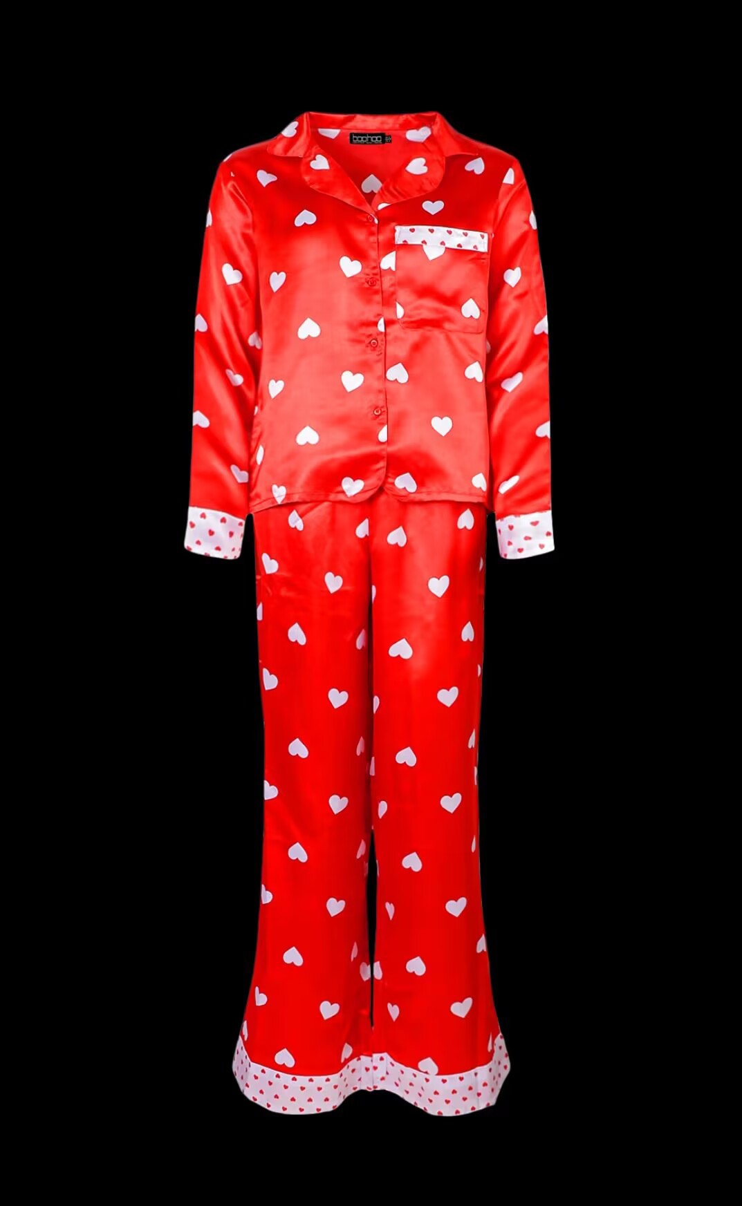 Scattered Heart Satin Pajama Trouser Set - red - 4