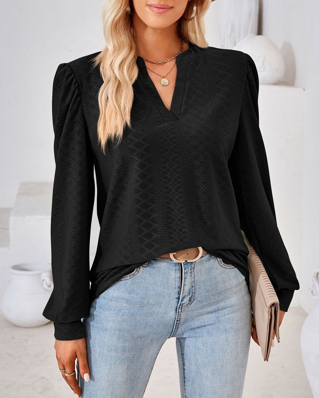 Split Neck Puff Shoulder Textured Blouse - Black