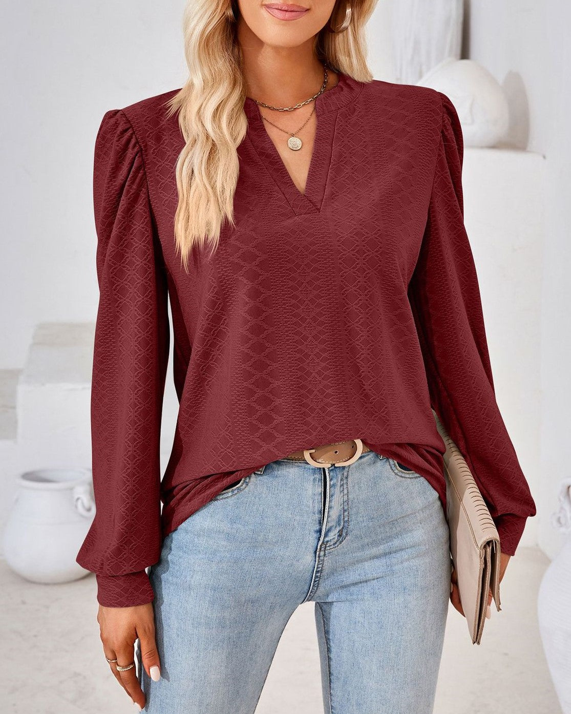 Split Neck Puff Shoulder Textured Blouse - Burgundy