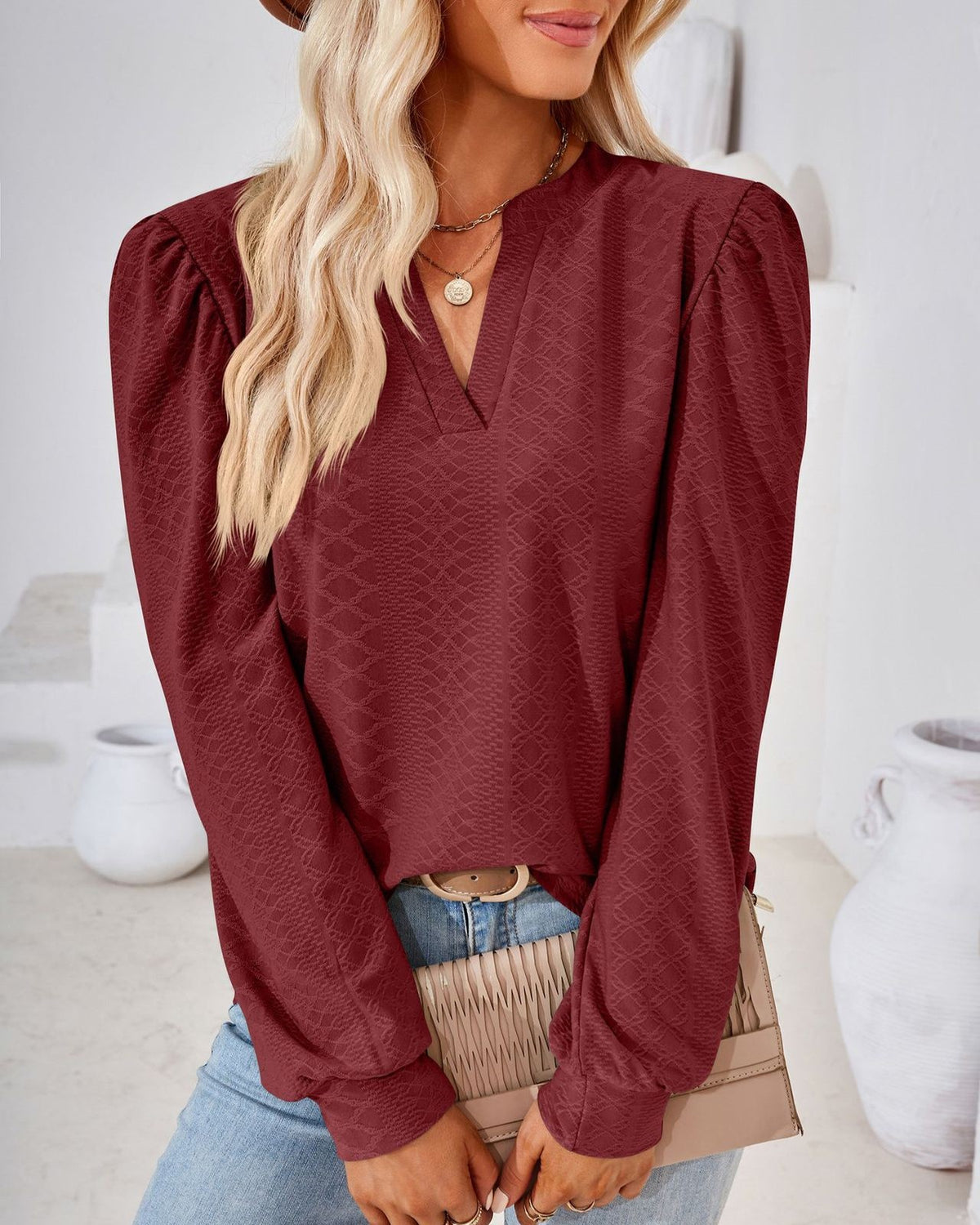 Split Neck Puff Shoulder Textured Blouse - Burgundy - 1