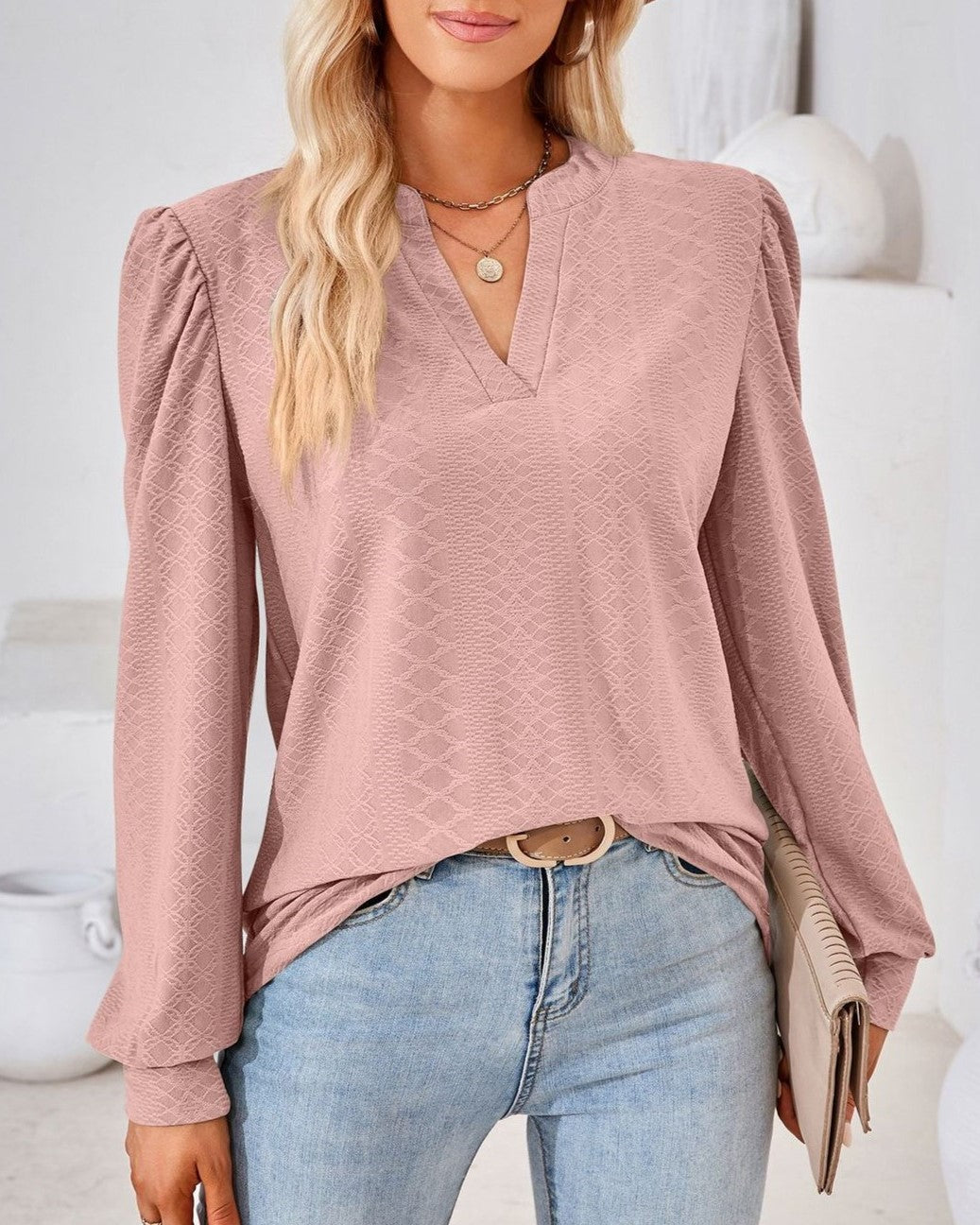 Split Neck Puff Shoulder Textured Blouse - Pink