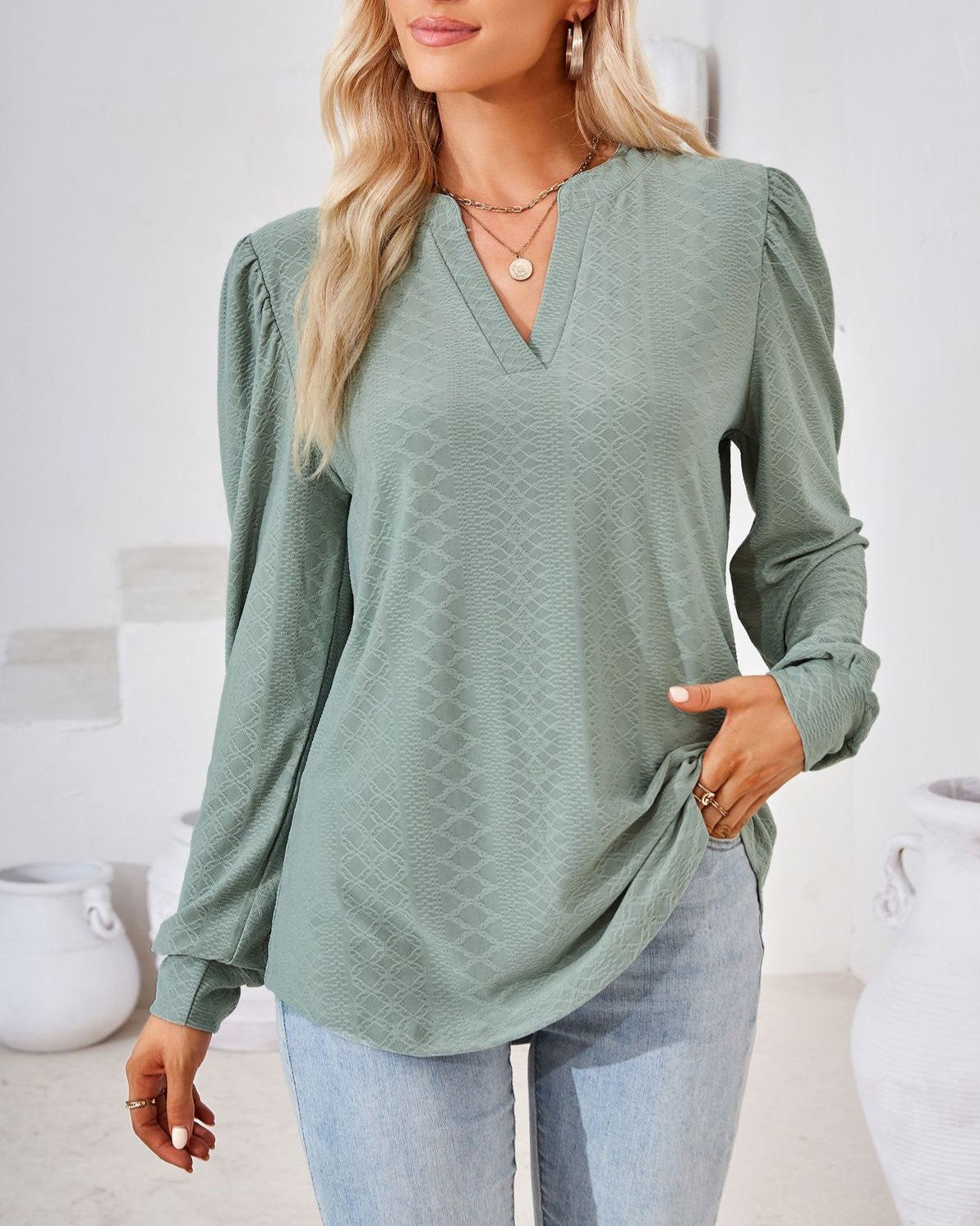 Split Neck Puff Shoulder Textured Blouse - green