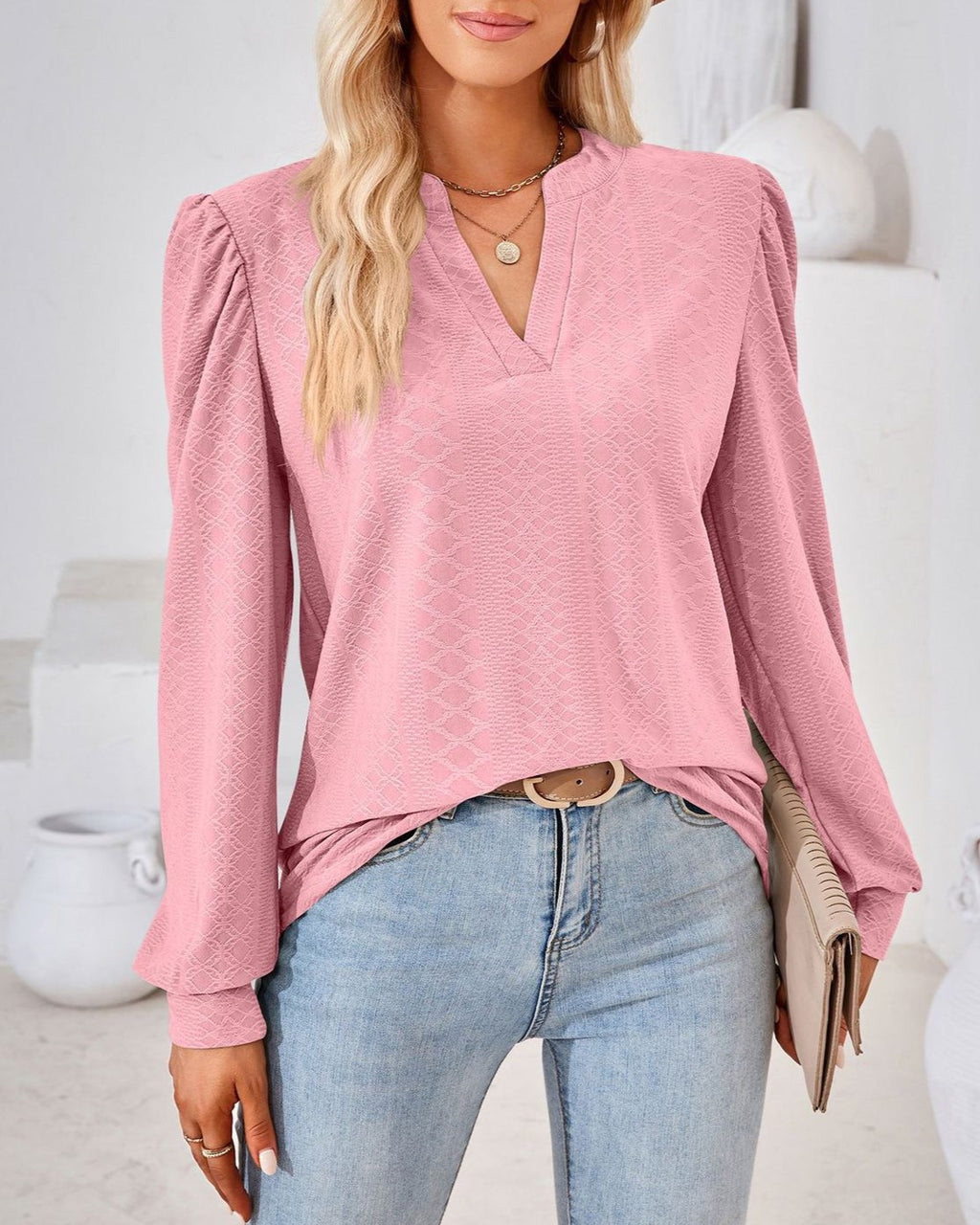Split Neck Puff Shoulder Textured Blouse - peach