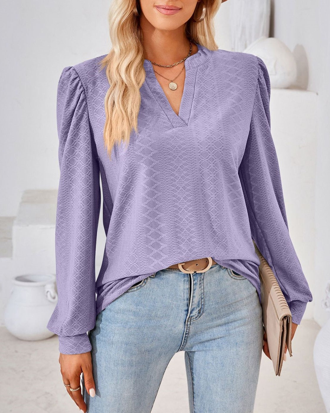 Split Neck Puff Shoulder Textured Blouse - purple