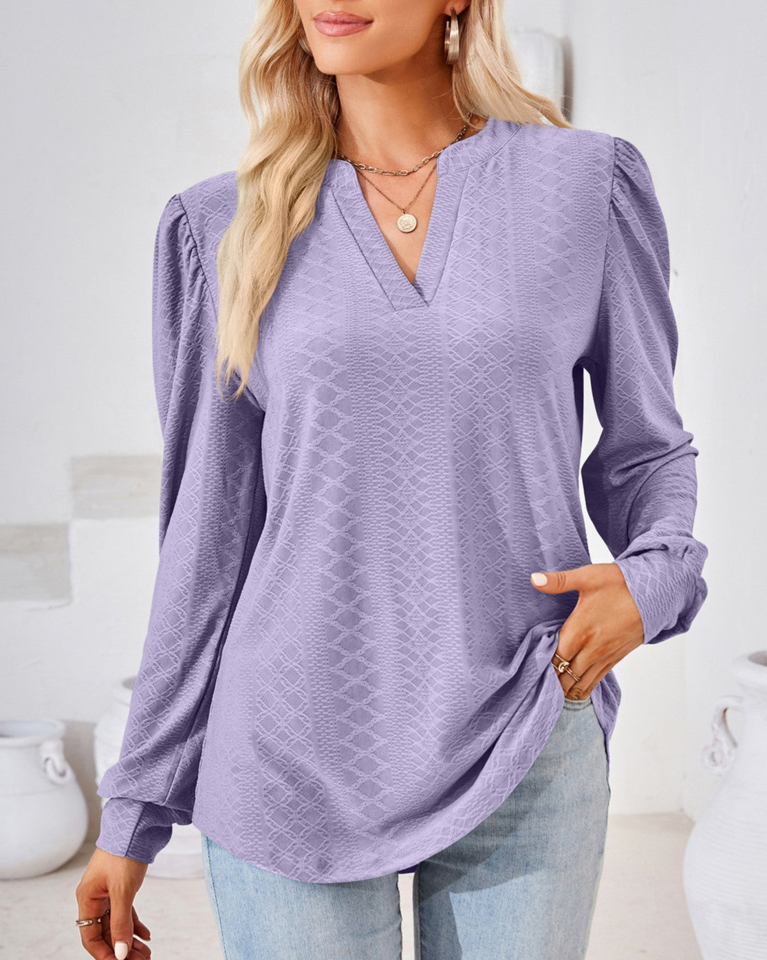Split Neck Puff Shoulder Textured Blouse - purple - 1
