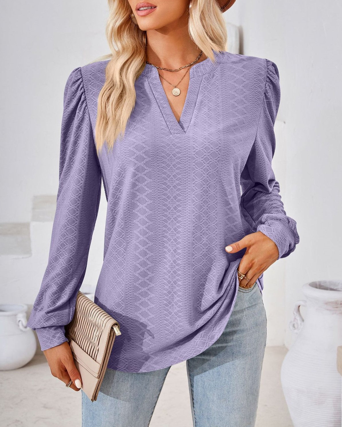 Split Neck Puff Shoulder Textured Blouse - purple - 2