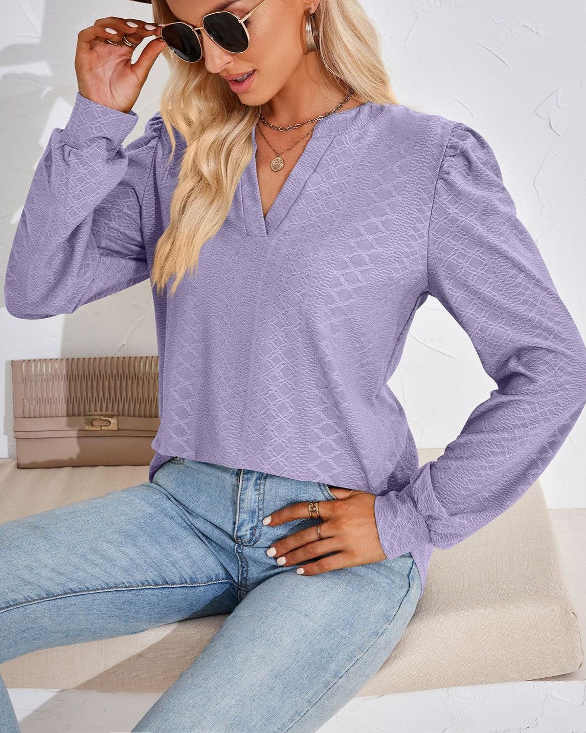 Split Neck Puff Shoulder Textured Blouse - purple - 3