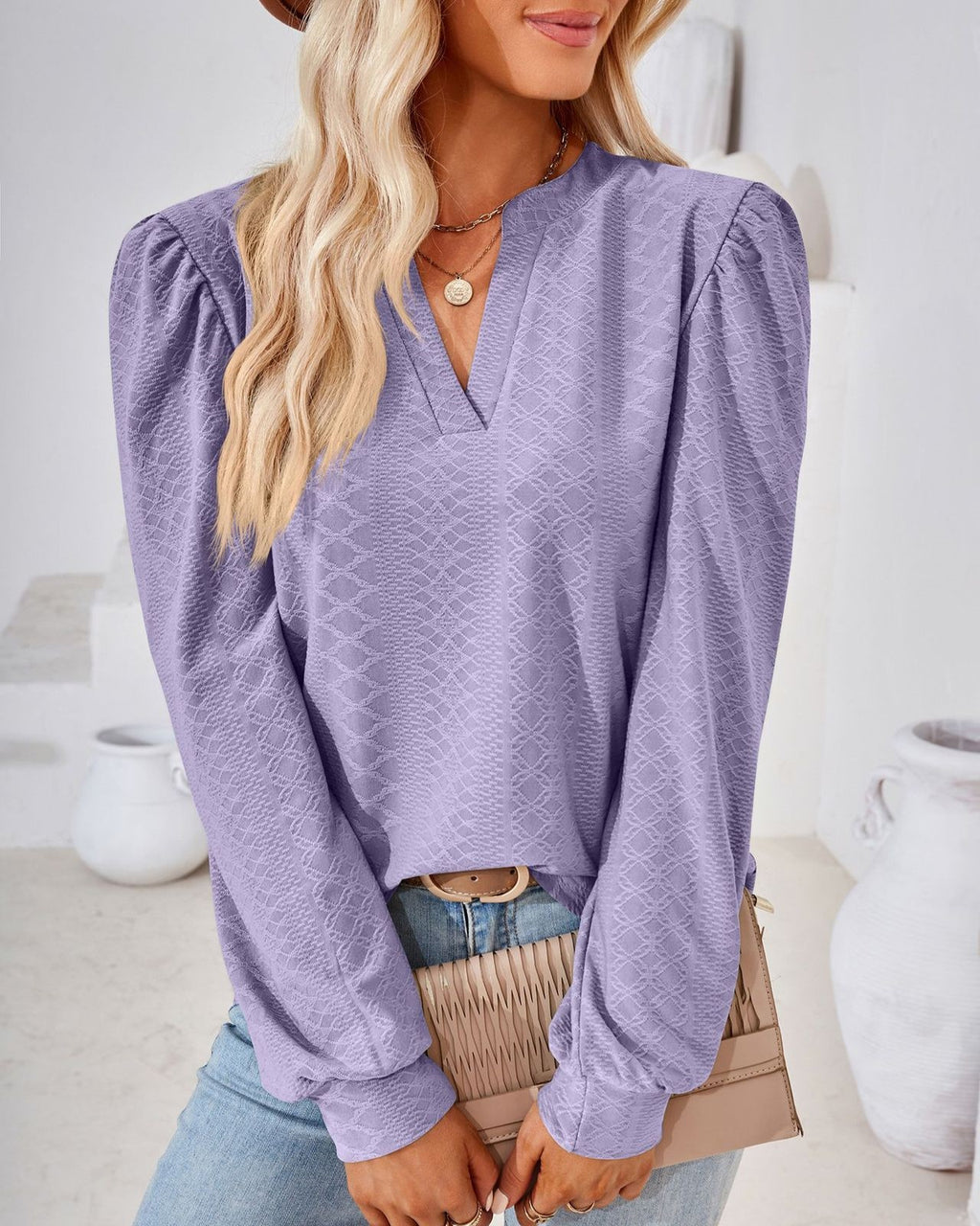 Split Neck Puff Shoulder Textured Blouse - purple - 4