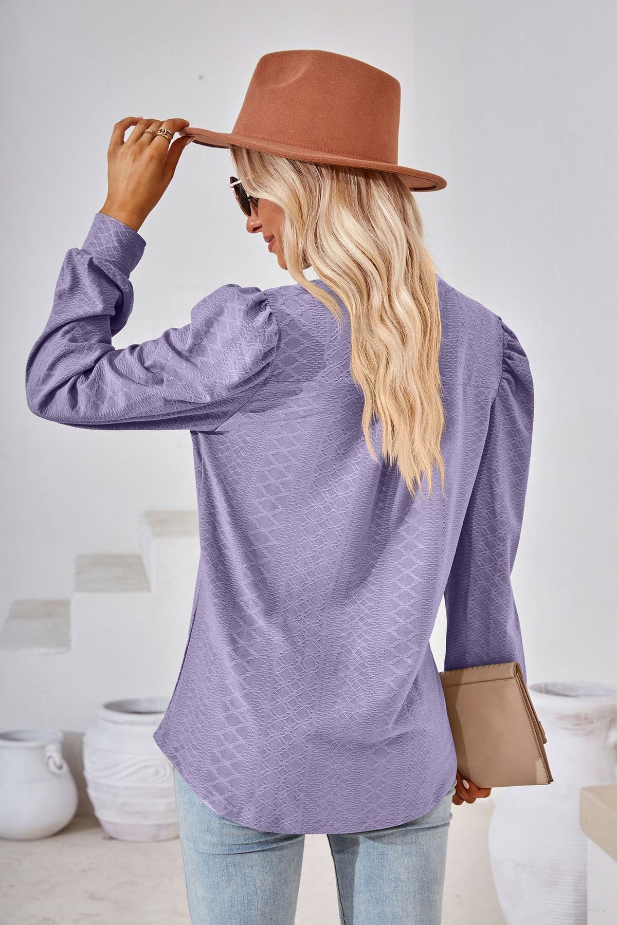Split Neck Puff Shoulder Textured Blouse - purple - 5