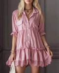 Pink Babydoll Shirt Dress With Lace Ruffle - Pink