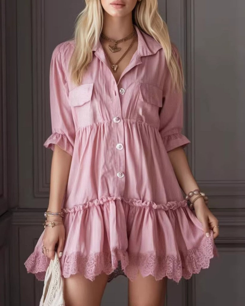 Pink Babydoll Shirt Dress With Lace Ruffle - Pink