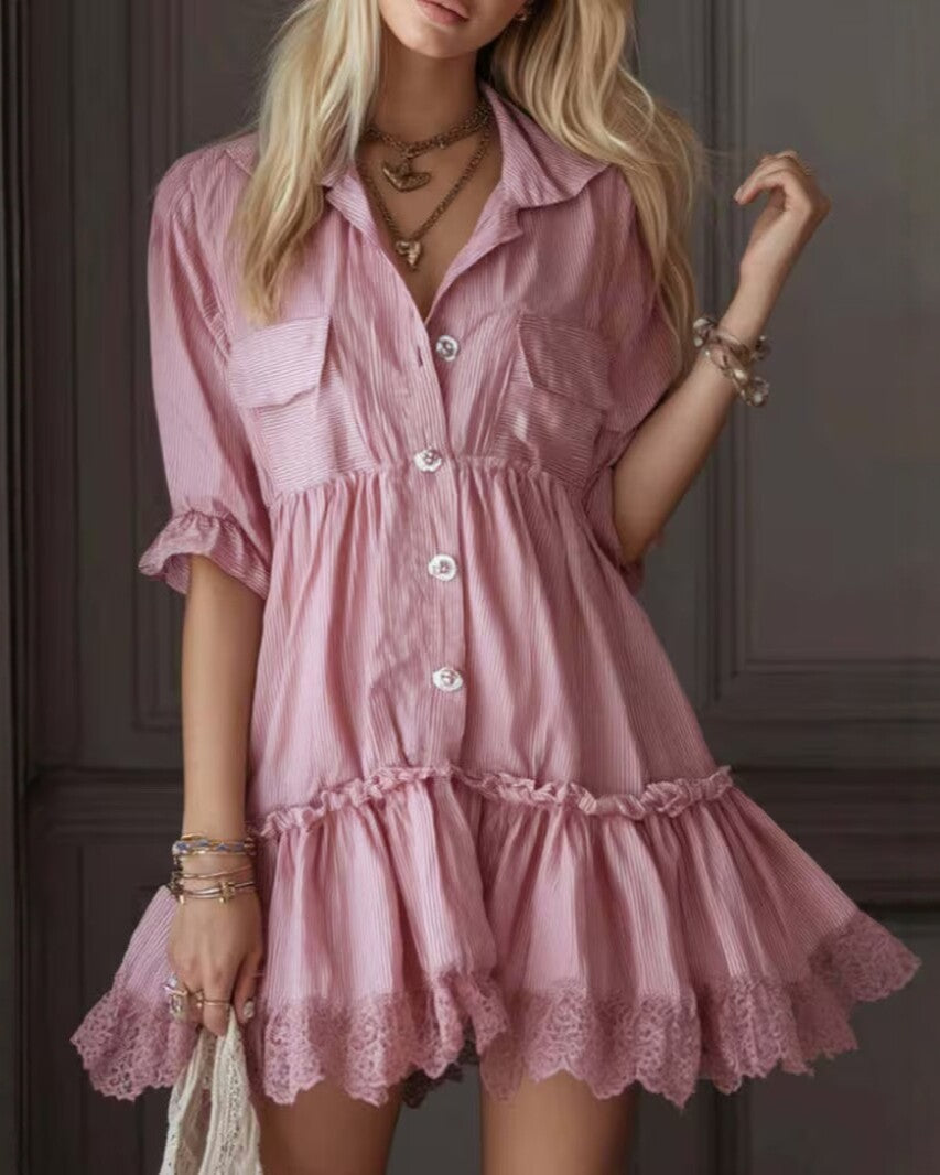 Pink Babydoll Shirt Dress With Lace Ruffle - Pink - 1