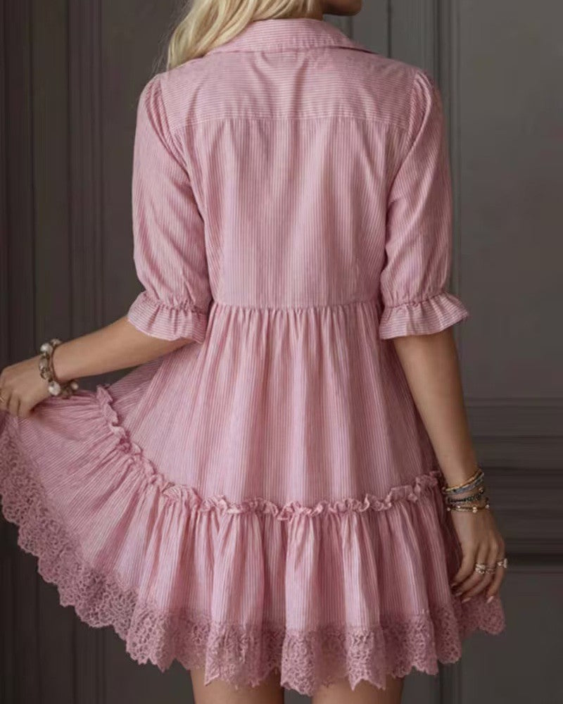 Pink Babydoll Shirt Dress With Lace Ruffle - Pink - 2