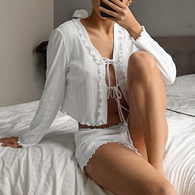 Pointelle Knit Tie Front Lounge Set - White
