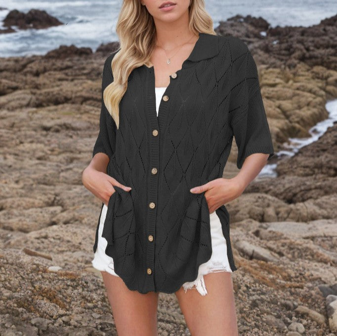 Collared Pointelle Knit Button-Front Cover-Up - Black