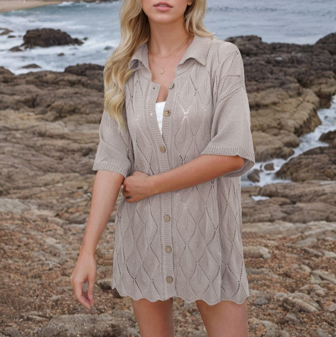 Collared Pointelle Knit Button-Front Cover-Up - Curry