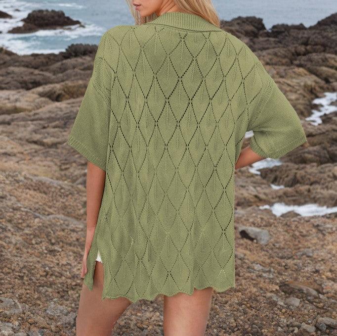 Collared Pointelle Knit Button-Front Cover-Up - Green - 1