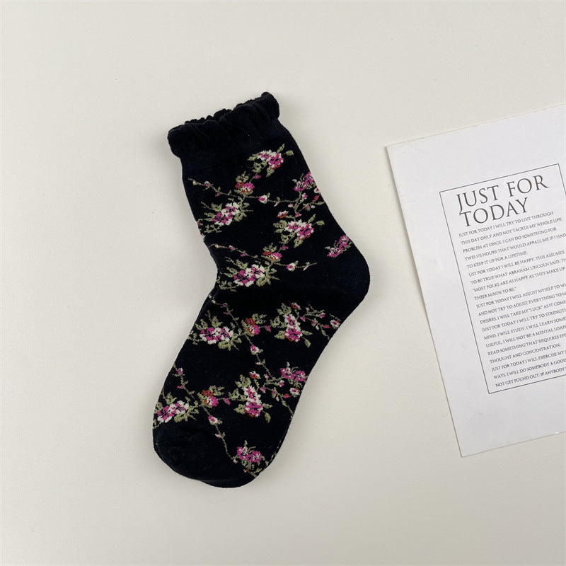 Rose Floral Ruffle Cuff Crew Socks - Black