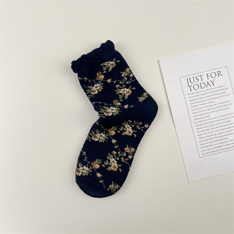 Rose Floral Ruffle Cuff Crew Socks - DarkBlue