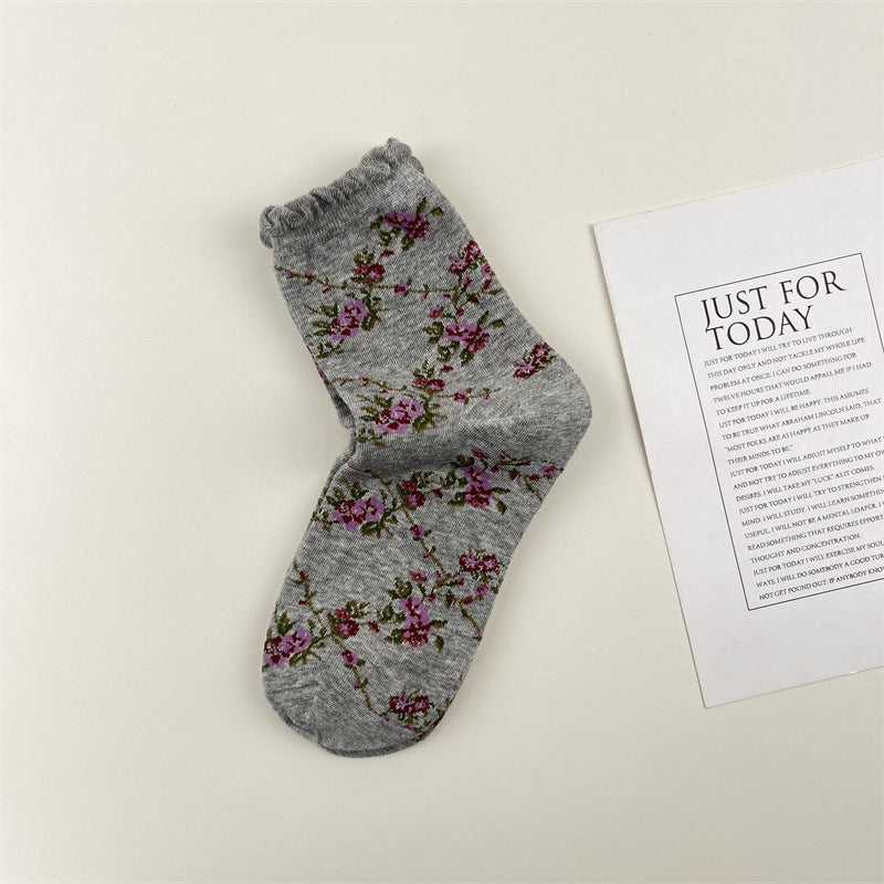 Rose Floral Ruffle Cuff Crew Socks - Grey