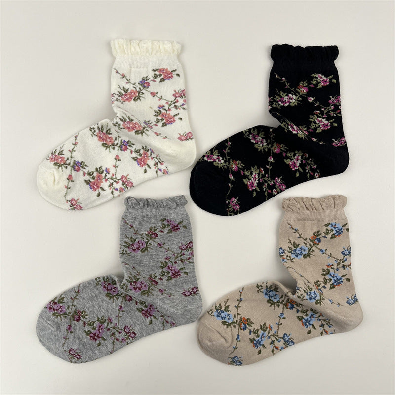 Rose Floral Ruffle Cuff Crew Socks - Khaki