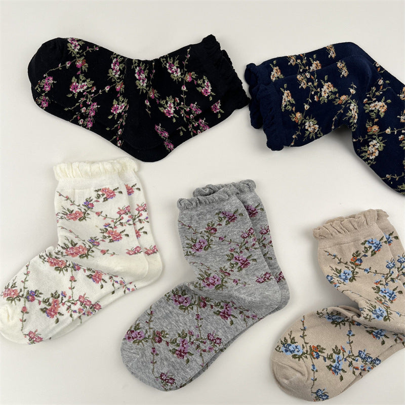 Rose Floral Ruffle Cuff Crew Socks - Khaki - 2