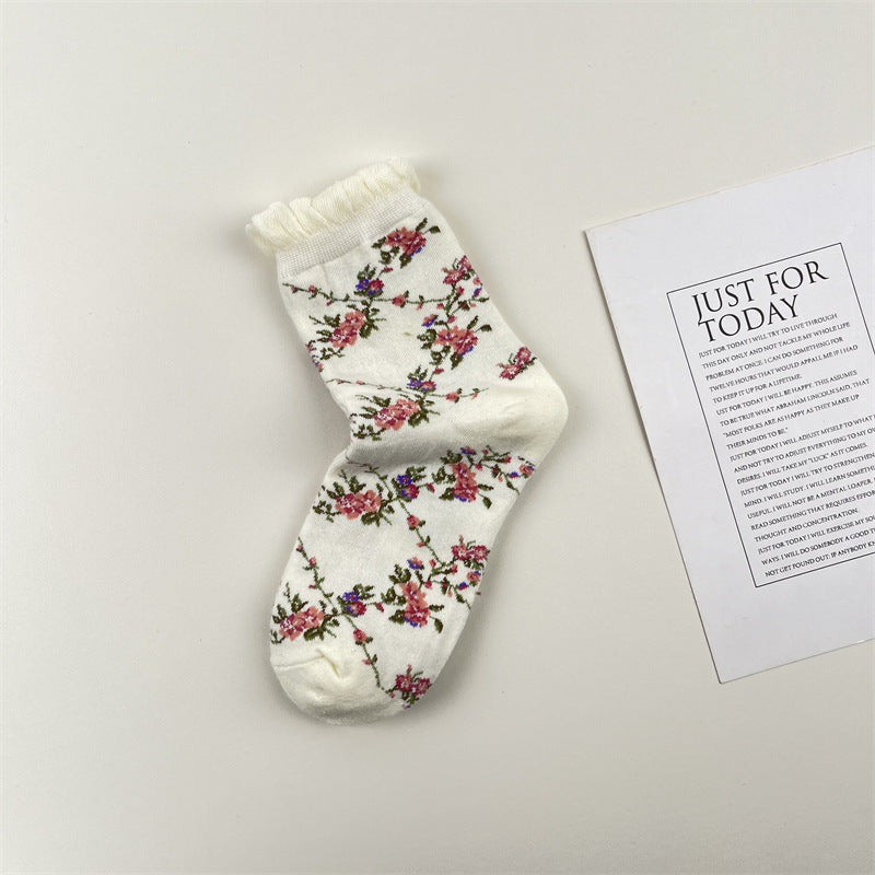 Rose Floral Ruffle Cuff Crew Socks - White