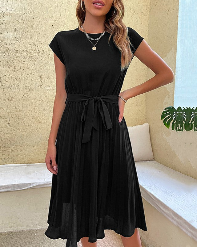 Cap Sleeve Pleated Skirt Tie Waist Dress - Black
