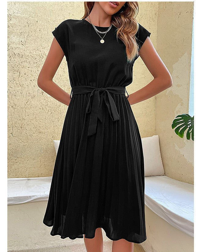 Cap Sleeve Pleated Skirt Tie Waist Dress - Black - 1