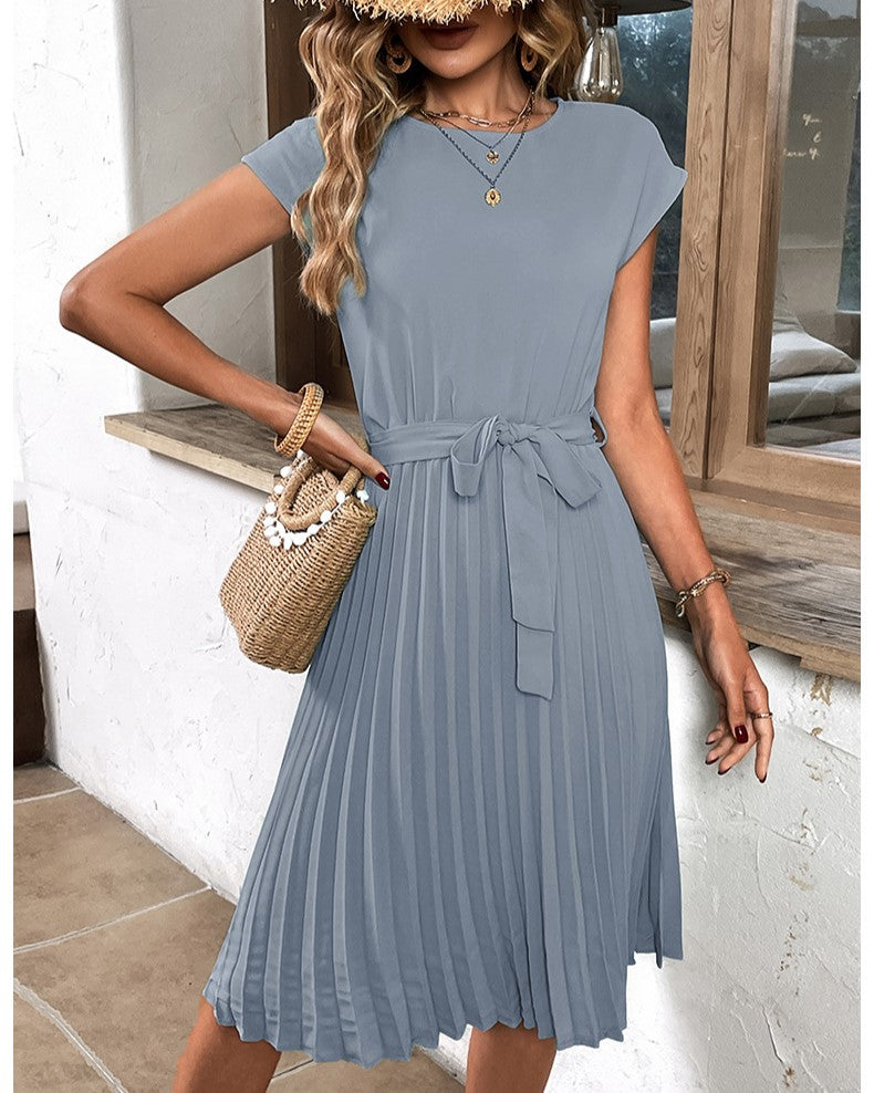 Cap Sleeve Pleated Skirt Tie Waist Dress - Blue - 1